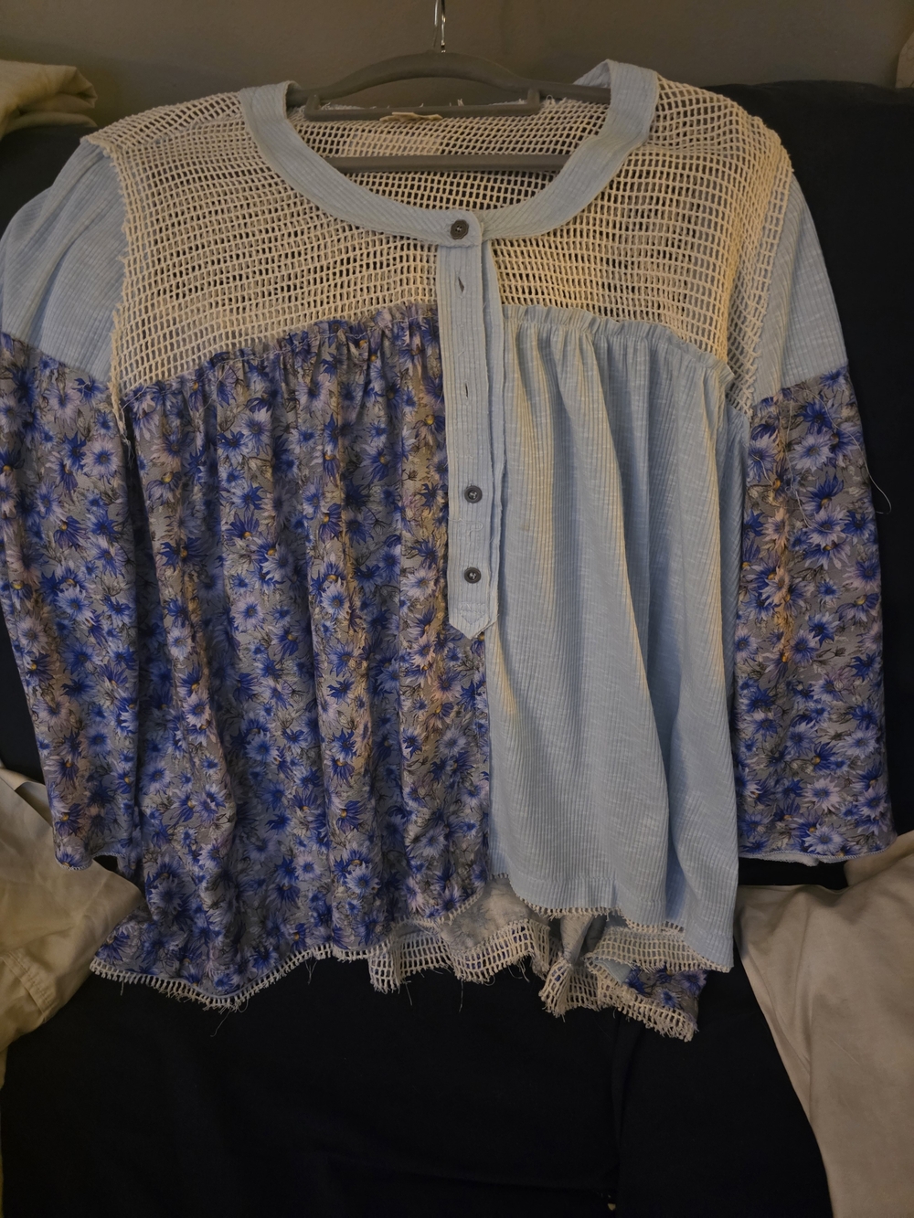 POL Light Blue Floral Crochet Yoke Mixed-Print Tunic - Picture 1 of 4